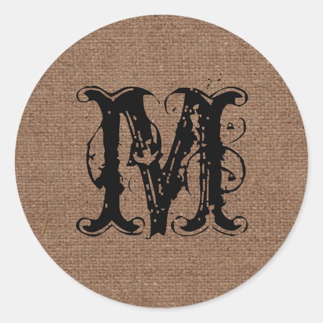Rustic Burlap Black Monogram - Shabby Chic Classic Round Sticker (Front)