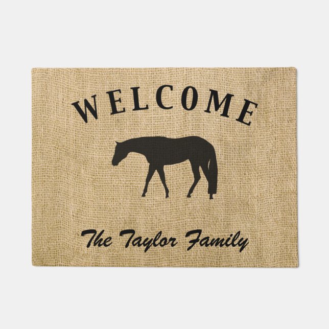 Rustic Burlap Black Western Pleasure Horse Doormat (Front)