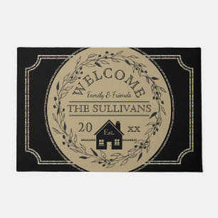 Rustic Burlap   Black Wreath House WELCOME Name Doormat