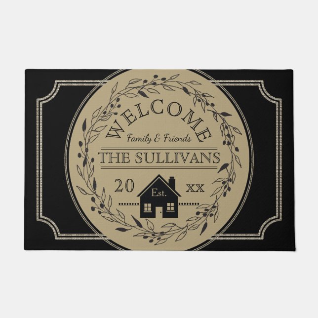 Rustic Burlap | Black Wreath House WELCOME Name Doormat (Front)