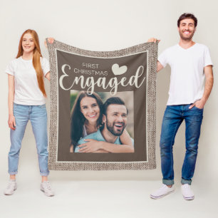 Rustic Burlap Brown 1st Christmas Engaged Photo Fleece Blanket