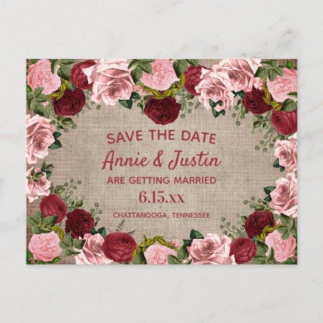 Rustic Burlap Burgundy Blush Pink Floral Save Date Postcard (Front)