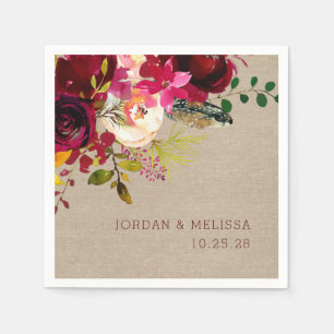 Rustic Burlap Burgundy Floral wedding napkins