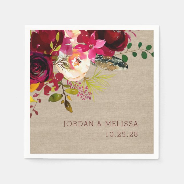 Rustic Burlap Burgundy Floral wedding napkins (Front)