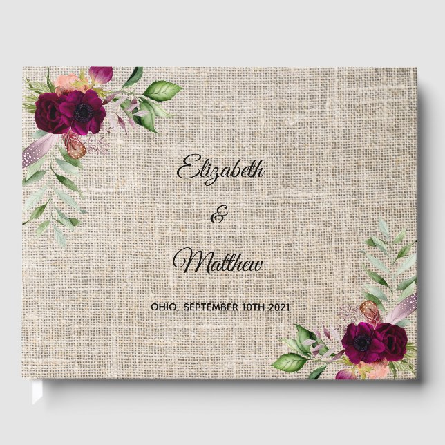 Rustic burlap burgundy florals wedding guest book (Front)