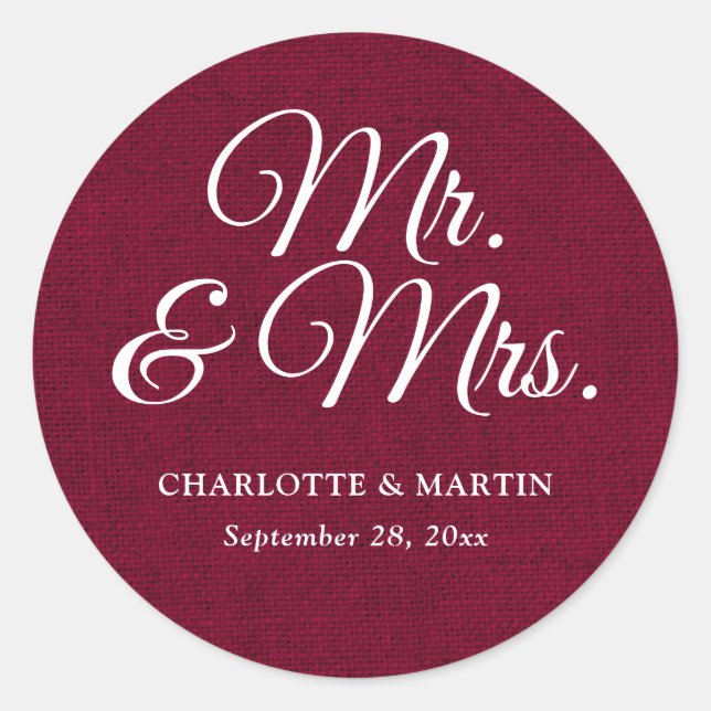 Rustic Burlap Burgundy Red Mr and Mrs Wedding Classic Round Sticker (Front)