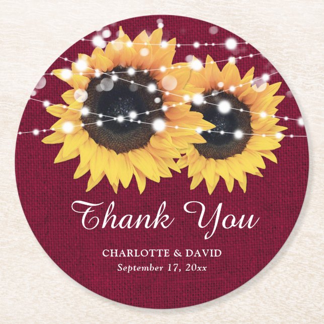 Rustic Burlap Burgundy Red Sunflower Wedding Round Paper Coaster (Front)