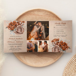 Rustic Burlap Burnt Orange Rose All in One Wedding Tri-Fold Invitation