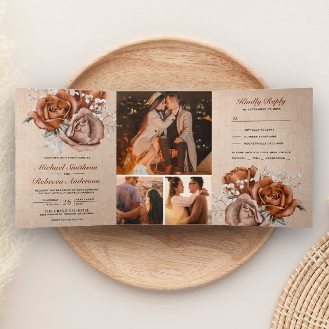 Rustic Burlap Burnt Orange Rose All in One Wedding Tri-Fold Invitation (Creator Uploaded)