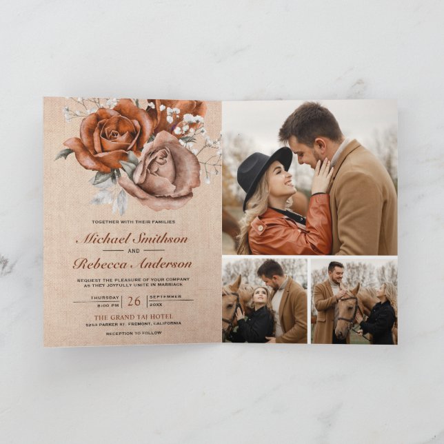 Rustic Burlap Burnt Orange Rose QR Code Wedding Invitation (Inside)