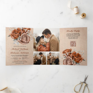Rustic Burlap Burnt Orange Rose QR Code Wedding Tri-Fold Invitation