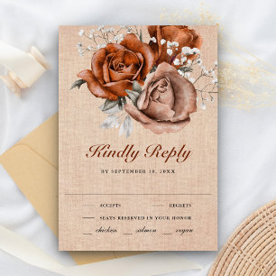 Rustic Burlap Burnt Orange Rose Terracotta Wedding RSVP Card