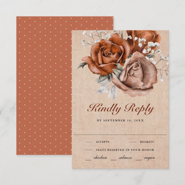 Rustic Burlap Burnt Orange Rose Terracotta Wedding RSVP Card (Front/Back)
