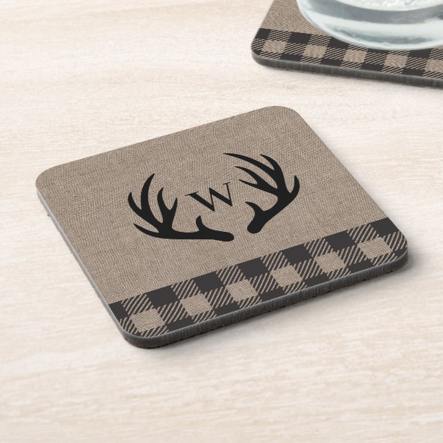 Rustic Burlap Cabin  Family Monogram Antlers  Coaster (Left Side)