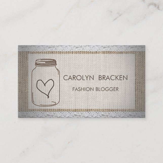 Rustic Burlap Chic Lace Mason Jar  Heart Business Card (Front)