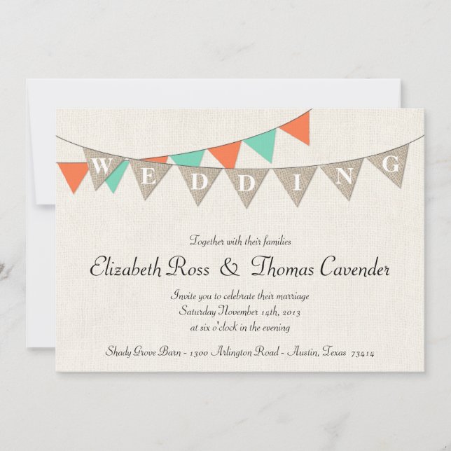 Rustic Burlap Coral Pennant Wedding Invitation (Front)