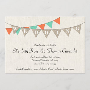 Rustic Burlap Coral Pennant Wedding Invitation