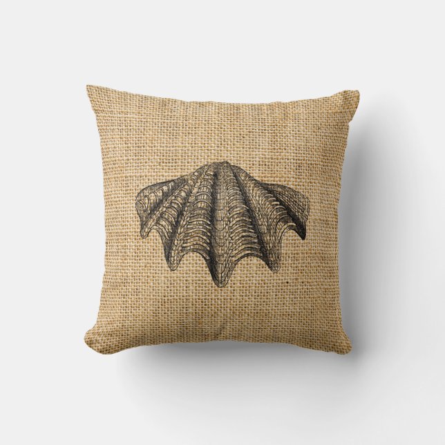 Rustic Burlap Custom Seashells Throw Pillows (Front)