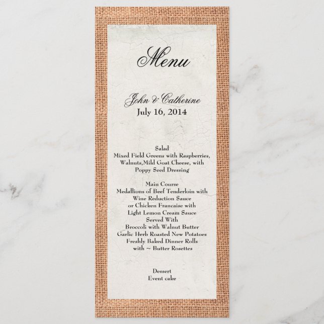 Rustic Burlap Custom Wedding Menu (Front)