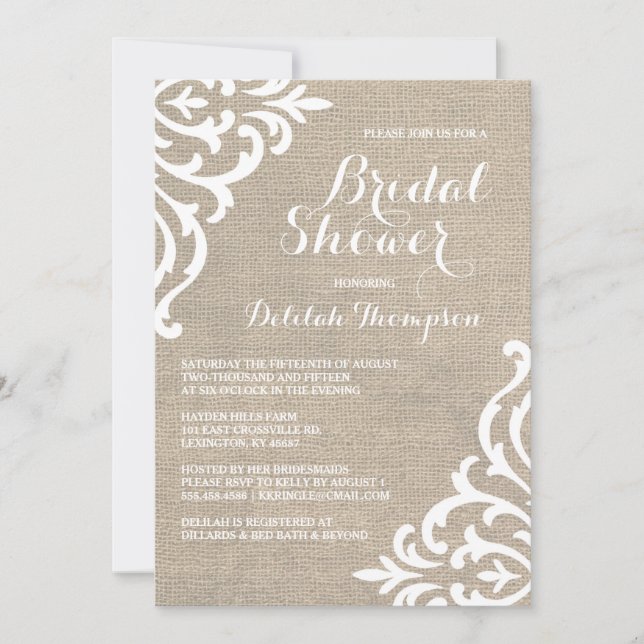 Rustic Burlap Damask Bridal Shower Invitation (Front)