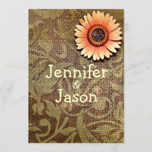 Rustic Burlap Damask Flower Wedding Invitations