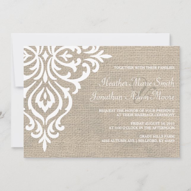 Rustic Burlap Damask Vintage Wedding Invitation (Front)