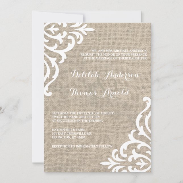 Rustic Burlap Damask Vintage Wedding Invitation (Front)