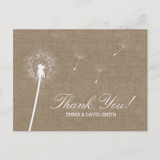 Rustic Burlap Dandelion Blowing Thank You Postcard (Front)
