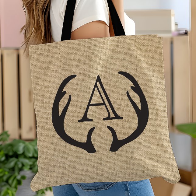 Rustic Burlap Deer Antler Monogrammed Tote Bag (Creator Uploaded)