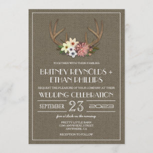 Rustic Burlap Deer Antler Wedding Invitations