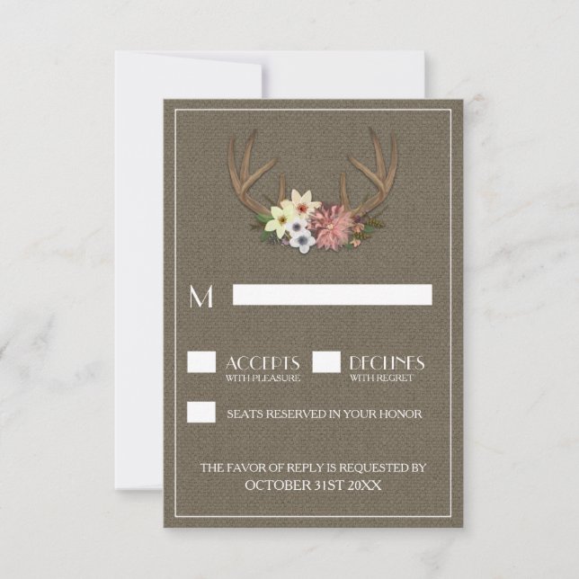 Rustic Burlap Deer Antler Wedding RSVP Cards (Front)