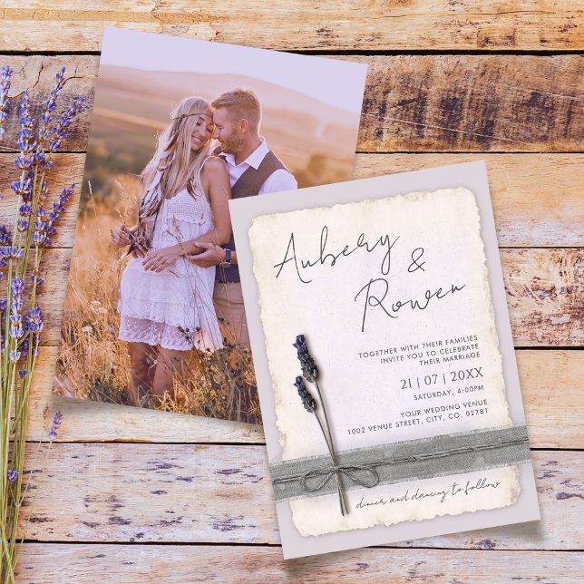 Rustic Burlap Eco Boho Lavender Photo Wedding Invitation (Creator Uploaded)