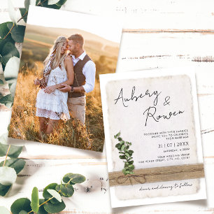 Rustic Burlap Eco Eucalyptus Boho Photo Wedding Invitation