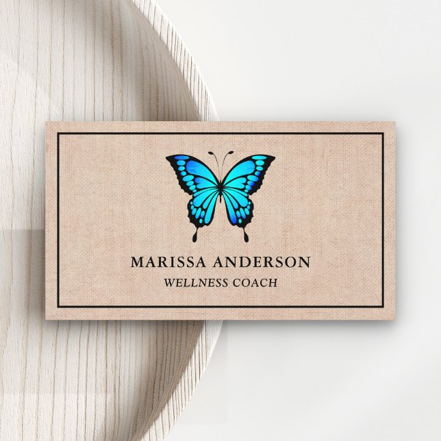 Rustic Burlap Elegant Blue Butterfly Business Card (Creator Uploaded)