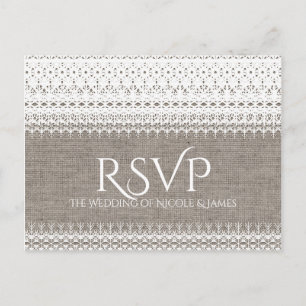 Rustic Burlap & Elegant Lace Wedding RSVP Invitation Postcard