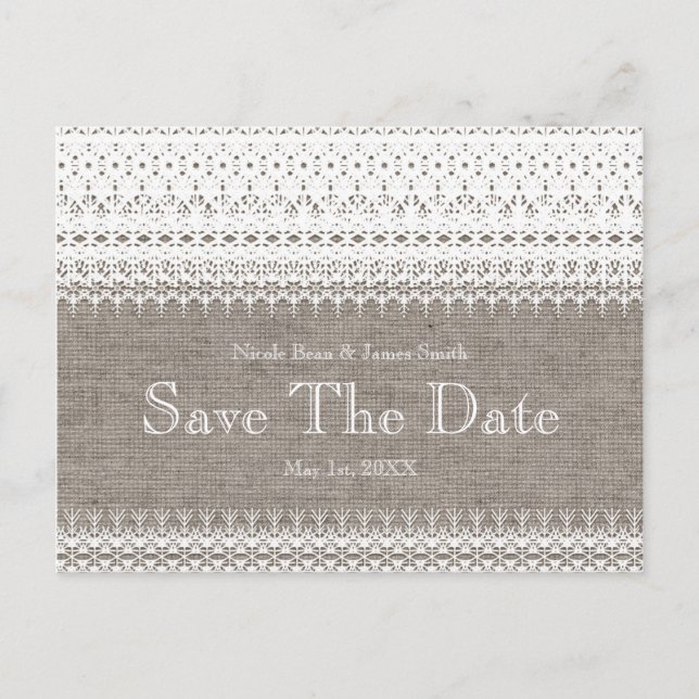 Rustic Burlap & Elegant Lace Wedding Save the Date Announcement Postcard (Front)