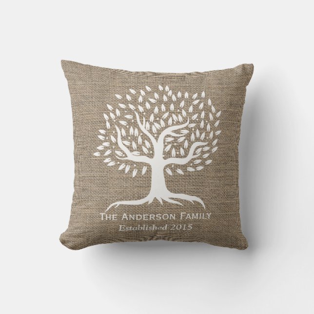 Rustic Burlap Family Tree Family Established Cushion (Front)