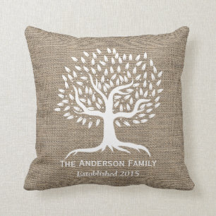 Rustic Burlap Family Tree Family Established Cushion