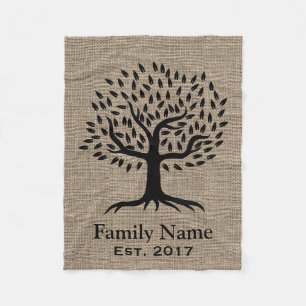 Rustic Burlap Family Tree Family Name Established Fleece Blanket