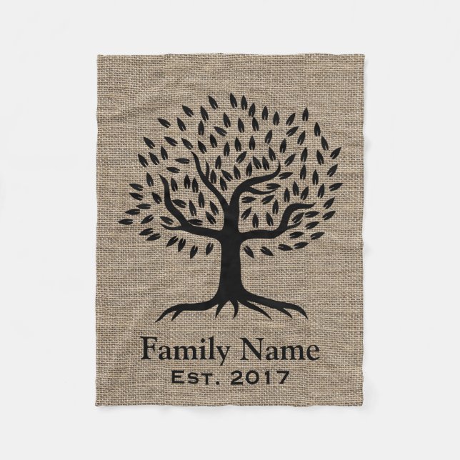 Rustic Burlap Family Tree Family Name Established Fleece Blanket (Front)