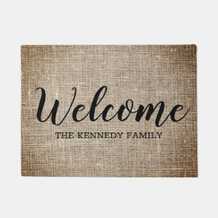 Rustic Burlap Farmhouse Family Name Welcome Doormat