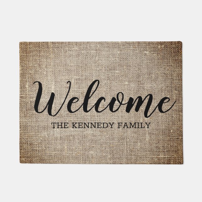 Rustic Burlap Farmhouse Family Name Welcome Doormat (Front)