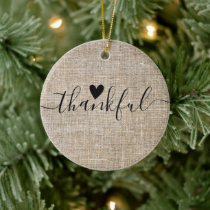 Rustic Burlap Farmhouse Thankful Ceramic Tree Decoration
