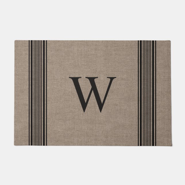Rustic Burlap Farmhouse Ticking Stripe Monogram Doormat (Front)