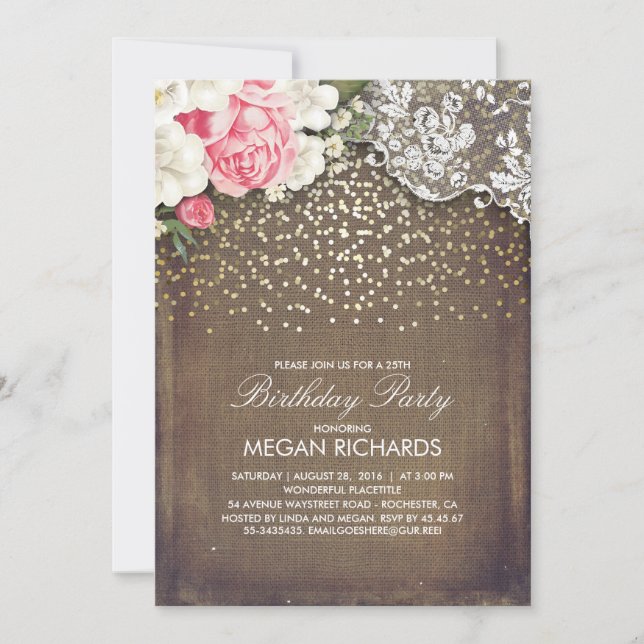 Rustic Burlap Floral Lace Gold Birthday Party Invitation (Front)
