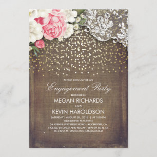 Rustic Burlap Floral Lace Gold Engagement Party Invitation