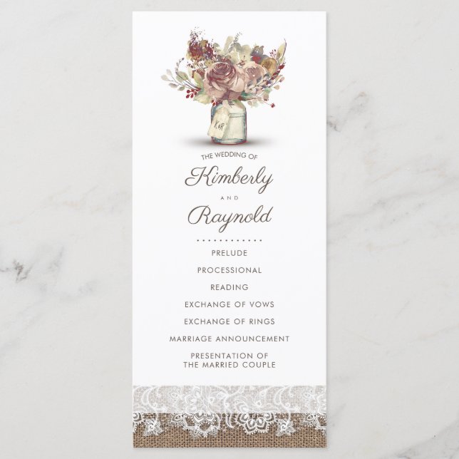 Rustic Burlap Floral Mason Jar Wedding Programs Programme (Front)