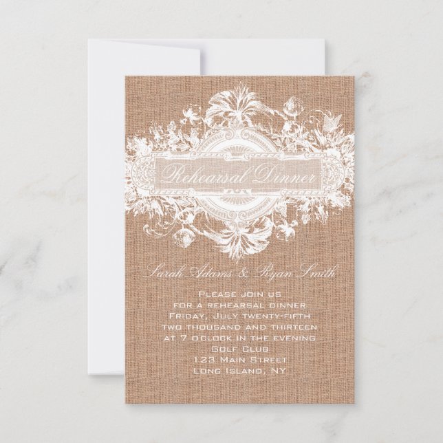 RUSTIC BURLAP FLORAL WEDDING REHEARSAL DINNER CARD (Front)