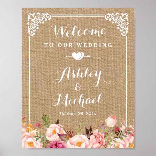 Rustic Burlap Floral Welcome Wedding Sign (Front)