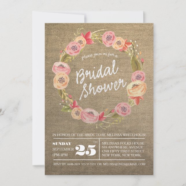 Rustic Burlap Floral Wreath Bridal Shower Invite (Front)